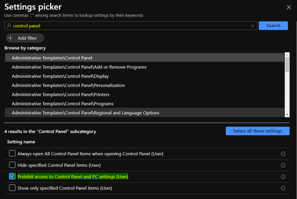 Prohibit access to the control panel and PC settings Policy