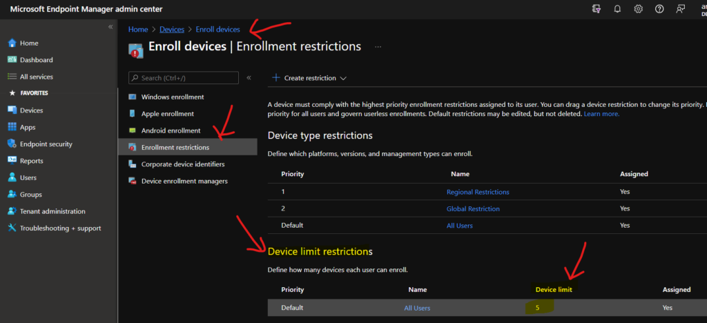 Intune Device Limit restriction for User-Based MDM Enrollment