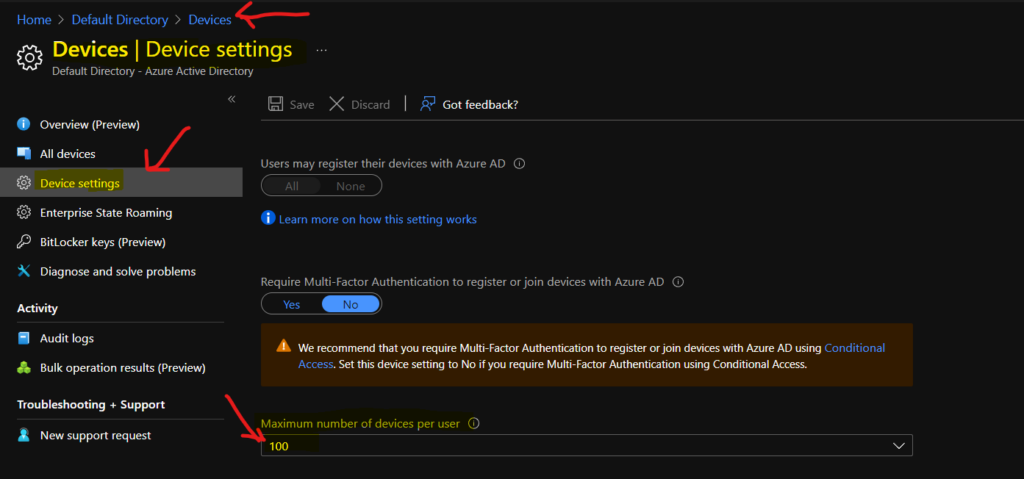 Azure AD Device Settings - Maximum number of devices per user