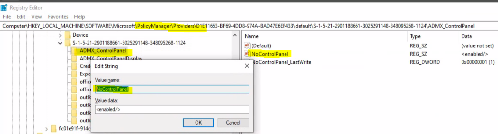 Registry Entries for Disable Control Panel PC Settings 