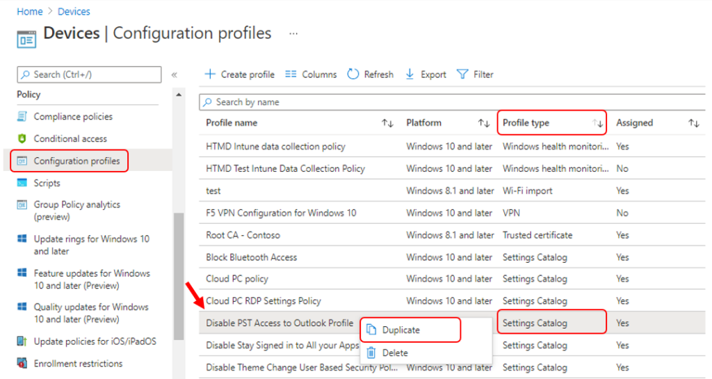 Select Profile > Duplicate | Duplicate Settings Catalog Policy in Intune