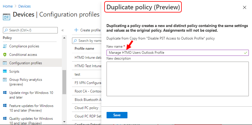 Duplicate policy window | Duplicate Settings Catalog Policy in Intune 