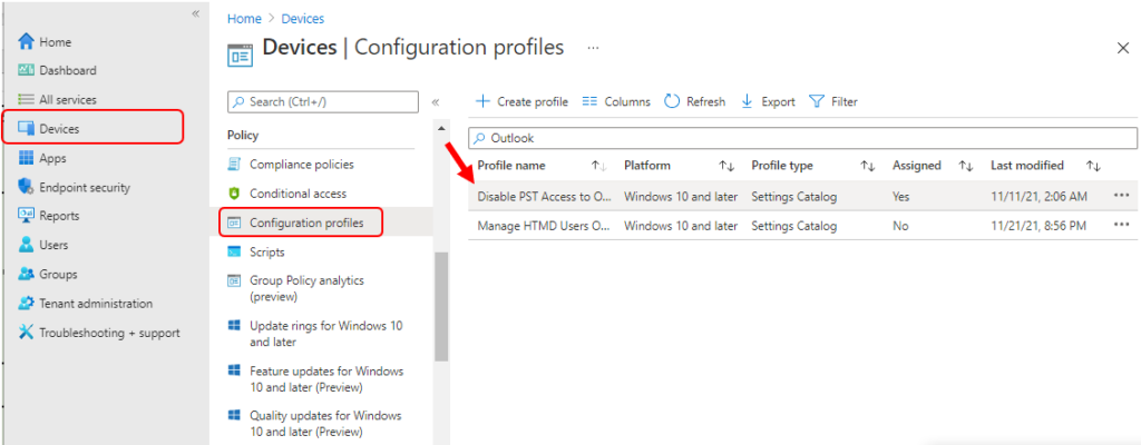 Select Configuration Profiles - Settings Catalog