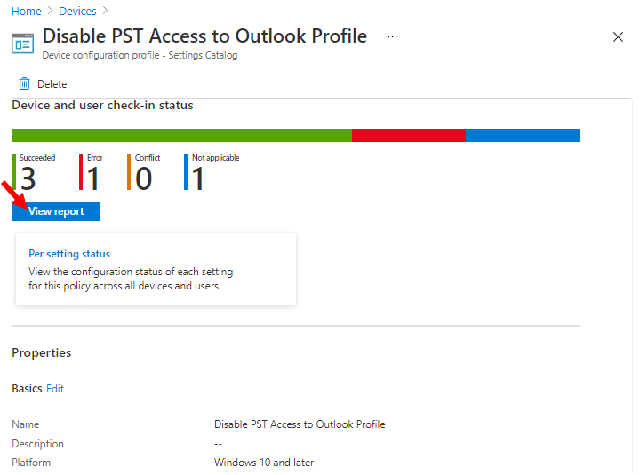 Click View report - Intune Settings Catalog Profile Report