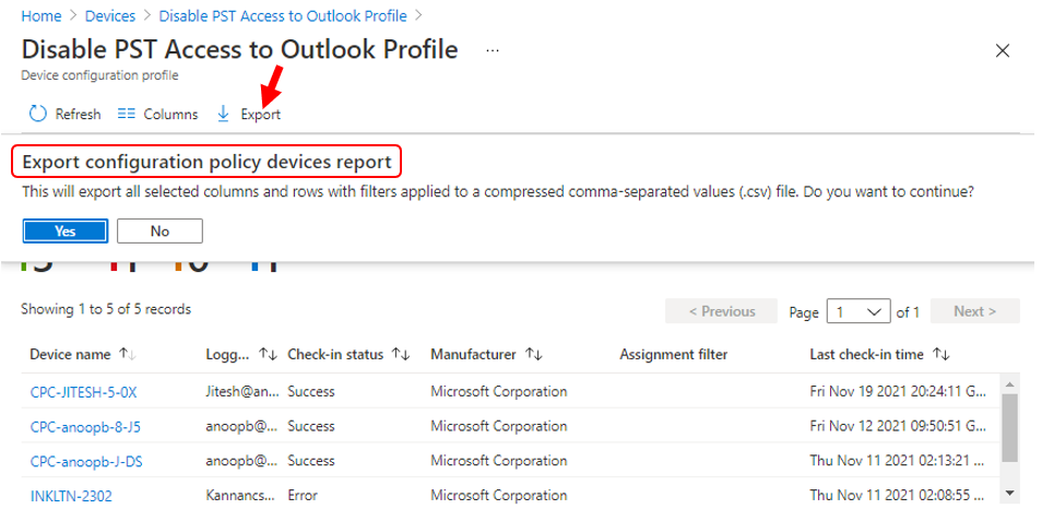 Export configuration policy device report - Intune Settings Catalog Profile Report