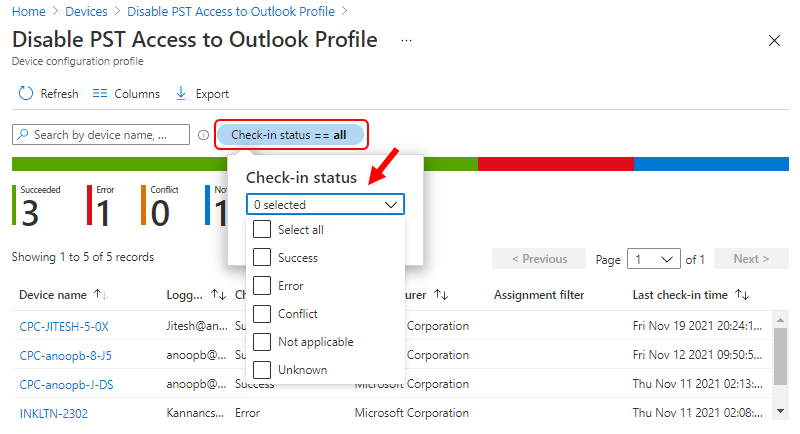 Filter Settings Catalog Policy Deployment Status