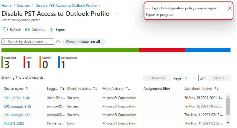 Export in progress - Intune Settings Catalog Profile Report