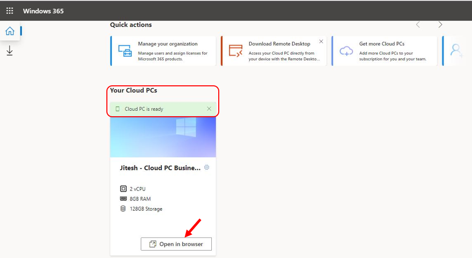 Open in the browser - Windows 365 Business Cloud PC End User Experience Walkthrough 