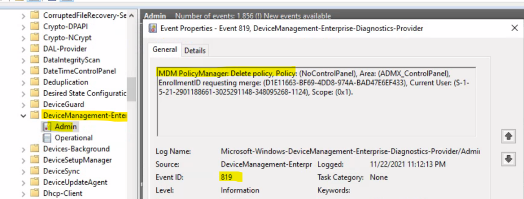  Intune Event Log ID 819 Not Tattooed Policy Removal Event 