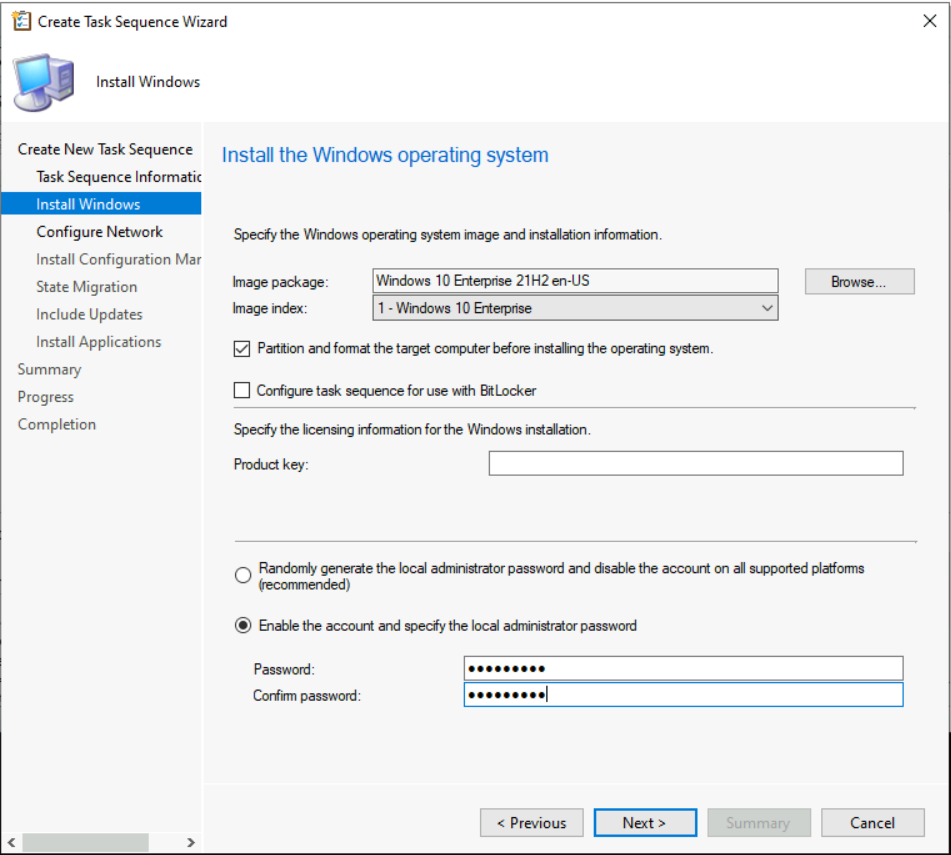 Create Task Sequence Wizard – Specify the Windows OS and Installation Information