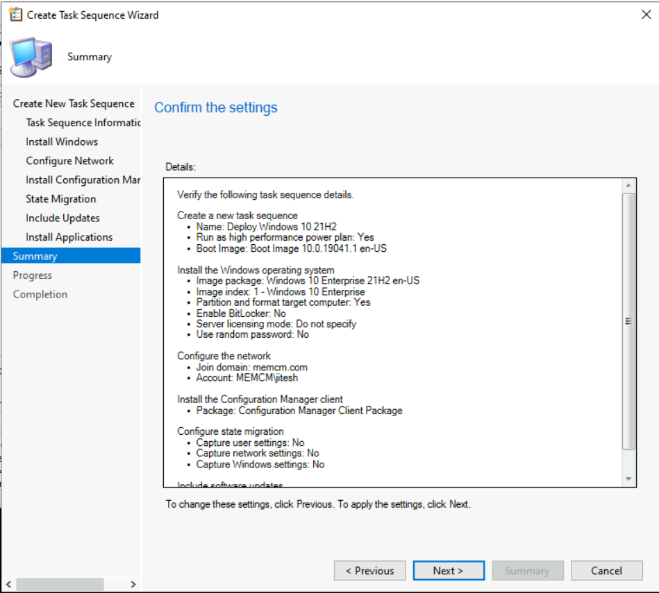 Windows 10 21H2 Task Sequence – Confirm the task sequence details