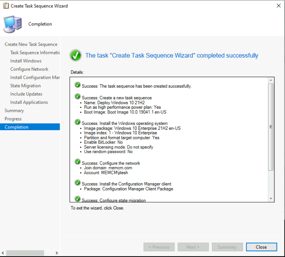 Best Guide to Deploy Windows 10 21H2 Using SCCM – Task Sequence has been created Successfully