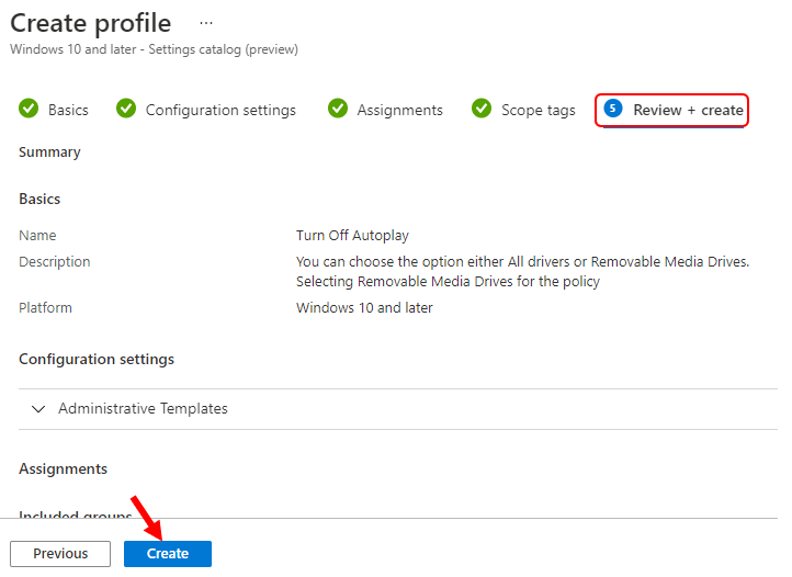 Review + Create – Device Configuration Profile
