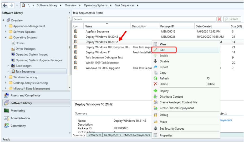 Edit Windows 10 21H2 Task Sequence – Select Edit  