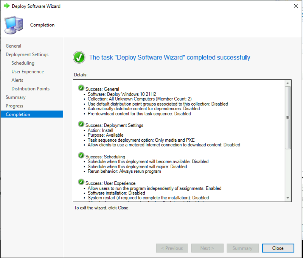 Deploy Windows 10 21H2 Task Sequence – Successfully Completed