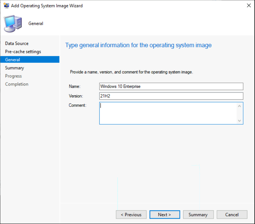 Enter the Name, Version for the operating system image – Deploy Windows 10 21H2 Using SCCM