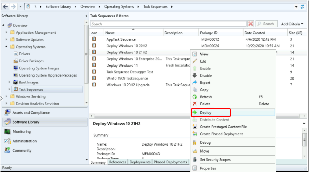 Windows 10 21H2 Task Sequence - Select Deploy