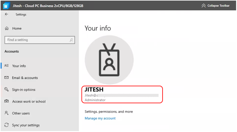 Windows 365 Business Users Account Info - Administrator 
