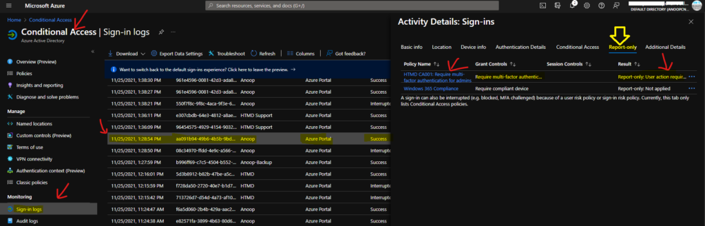 Enable MFA for Admins Azure AD Conditional Access Policy -  Confirm Conditional Access Report-Only Policy Verification 