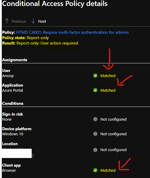 Enable MFA for Admins Azure AD Conditional Access Policy -  Confirm Conditional Access Report-Only Policy Verification 