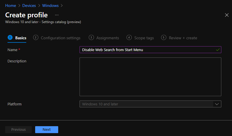 Create profile – Disable Web Search from Start Menu