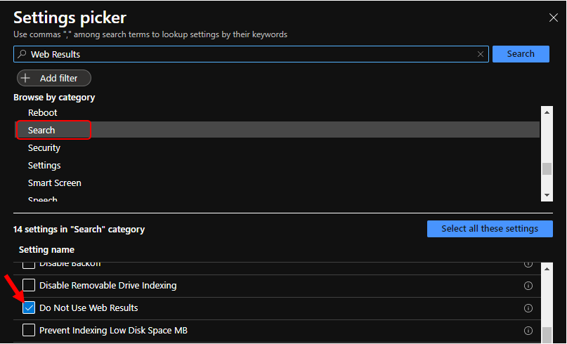 Settings picker - Select Privacy > Do Not Use Web Results 
