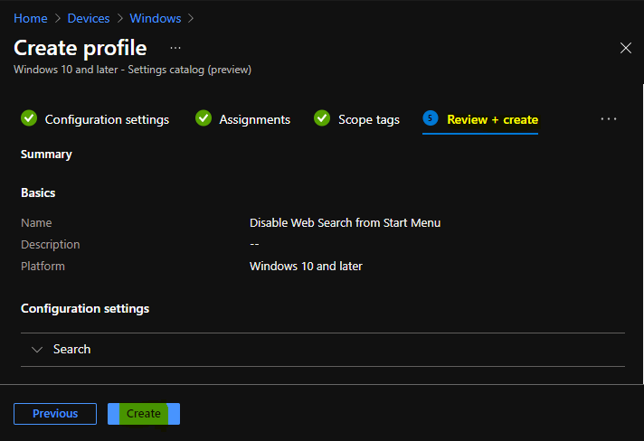 Review - Disable Web Search from Start Menu Using Intune