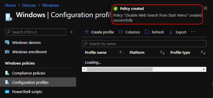 Policy "Disable Web Search from Start Menu" created successfully
