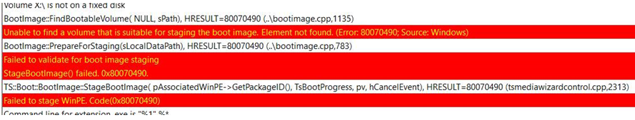 SMSTS log – SCCM Task sequence Unable to find a volume Error Code 0x80070490