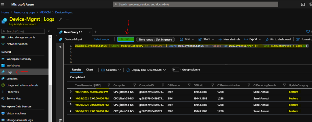 Find out Feature Update deployment Issues using Log Analytics Queries