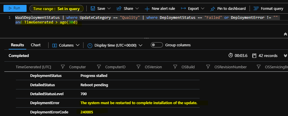 Troubleshoot Quality Update Errors using Log Analytics KQL Query