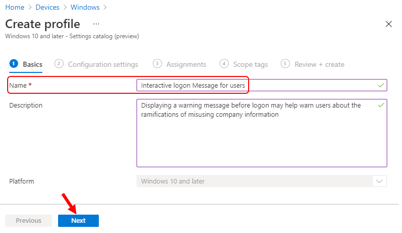 Create Profile - Configure Interactive logon Message for Users Using Intune