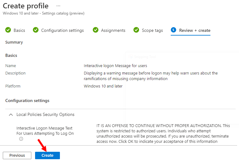 Review + Create | Configure Interactive logon Message for Users Using Intune