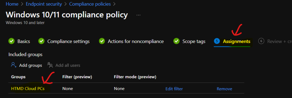 Compliance Policy to Cloud PC Device Group