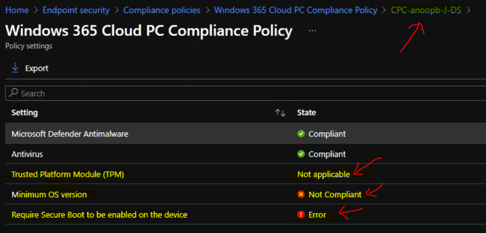 Create Intune Compliance Policy for Windows 365 Cloud PC and AVD