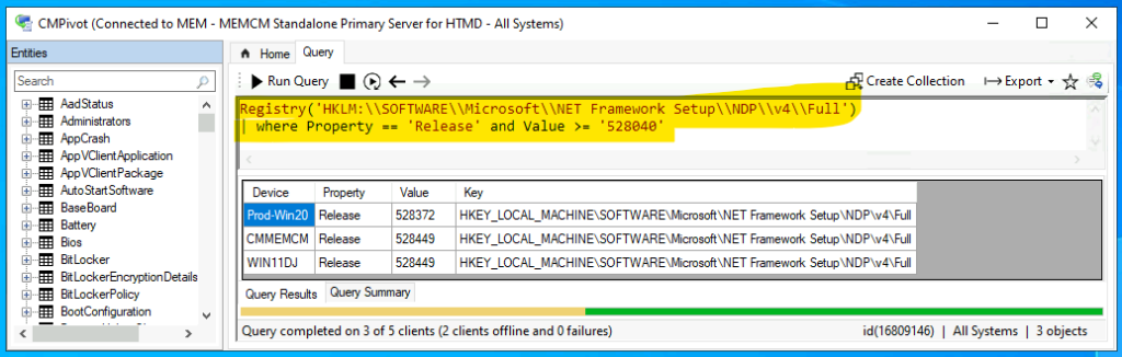 Devices with Dot Net 4.8 version and above Dot Net Version Details using SCCM CMPivot Query 