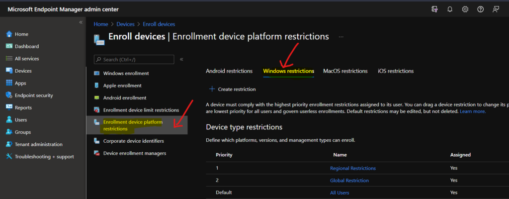 Intune Enrollment Restrictions