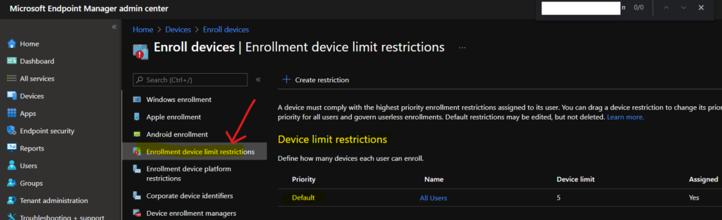 Intune Enrollment Restrictions