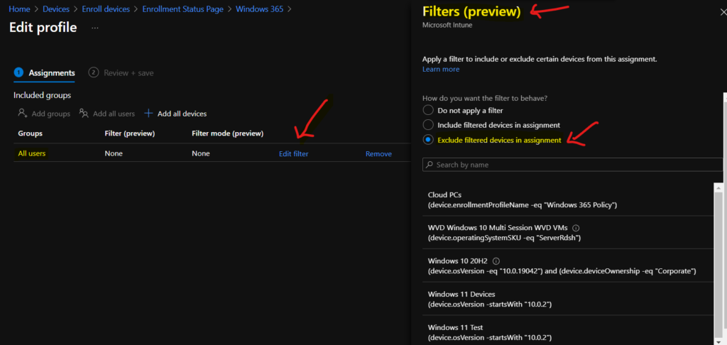 Enrollment Status Page ESP with Intune Filters