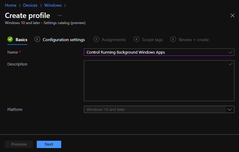 Create profile – Control Running Background Windows Apps