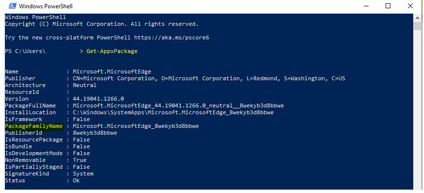 Display PackageFamilyName - Manage Apps Access Permission for Account Info Using Intune