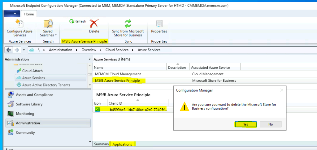  Remove Microsoft Store for Business Cloud Service from SCCM 