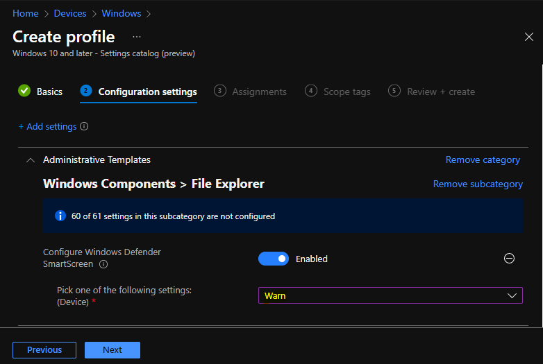 Configure Windows Defender SmartScreen - Enabled 