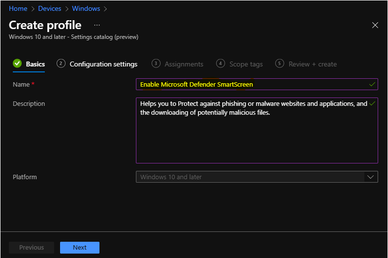 Configure Microsoft Defender SmartScreen Using Intune 3 Create Profile - Microsoft Defender SmartScreen