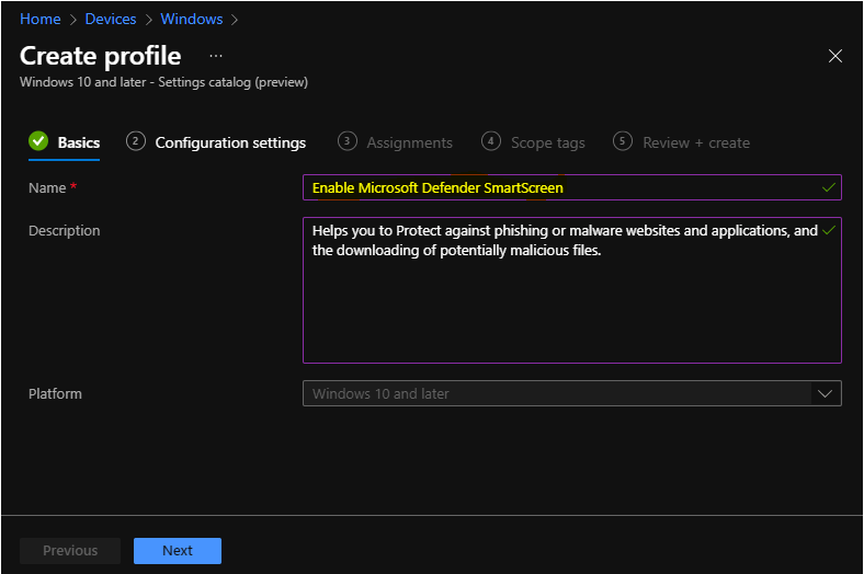 Create Profile - Microsoft Defender SmartScreen