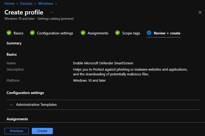 Configure Microsoft Defender SmartScreen Using Intune 8 Review Profile - Configure SmartScreen for Apps and Files