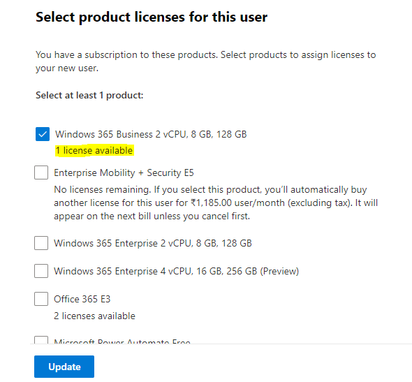 Select available Windows 365 license