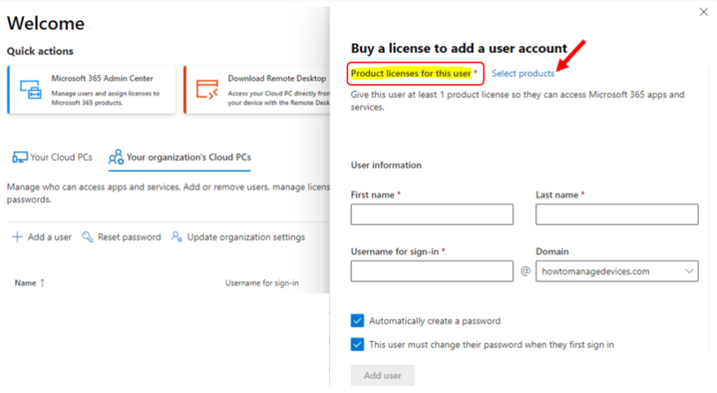 Select Products for this user - Assign Windows 365 Cloud PC License to User 