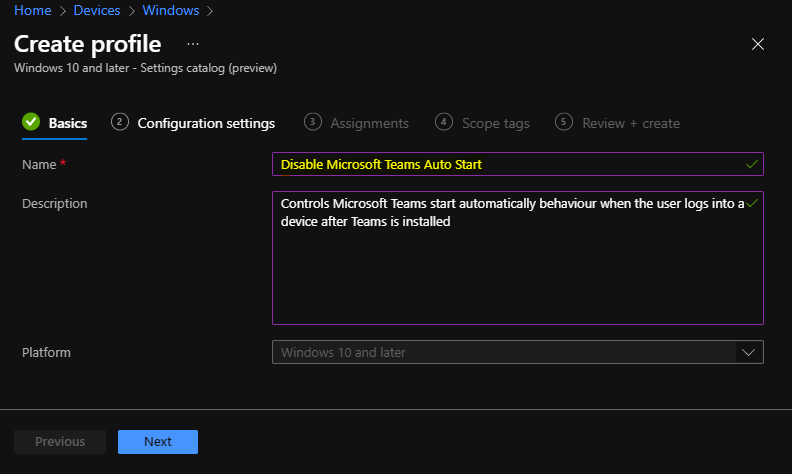 Create Profile - Disable Microsoft Teams Auto Start Using Intune