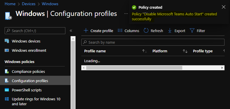 Policy "Disable Microsoft Teams Auto Start" created successfully
